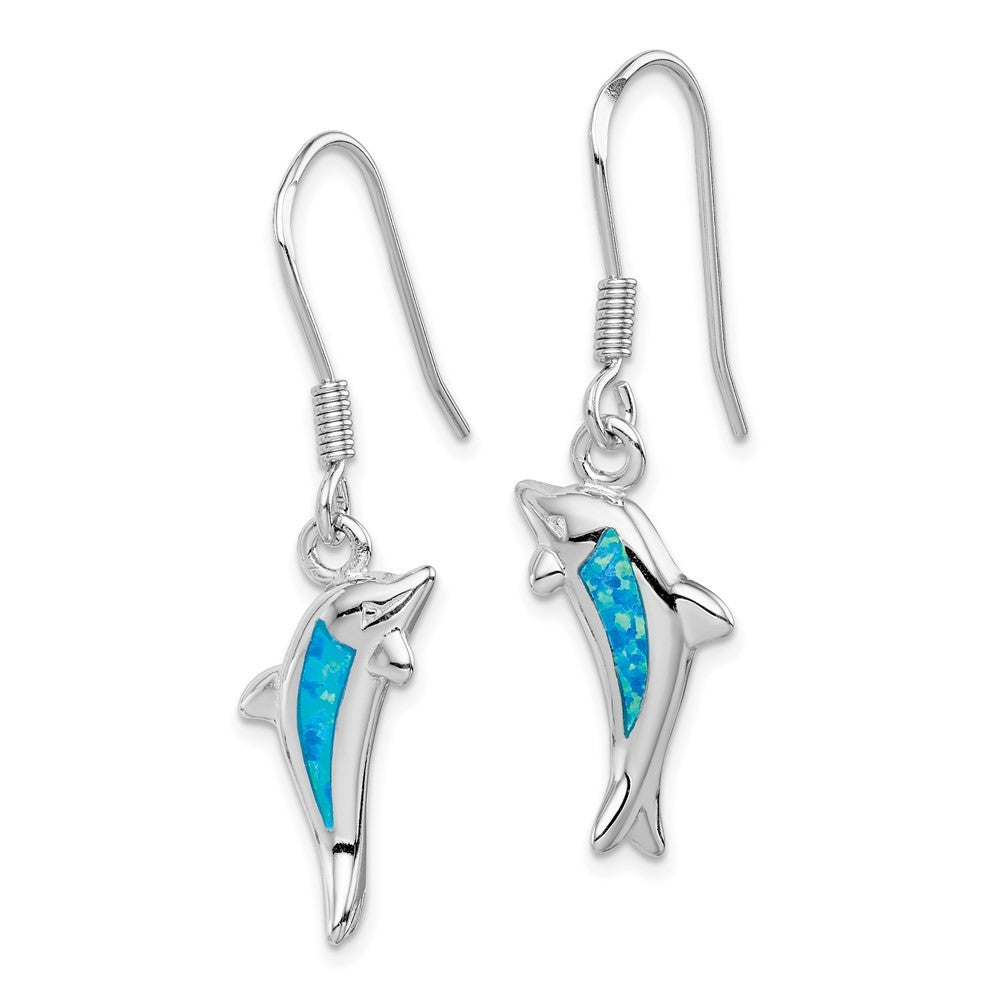 Sterling Silver Rhodium-plated  Created Blue Opal Inlay Dolphin Dangle Earrings