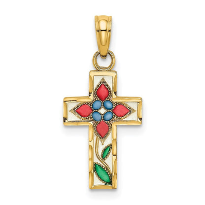 14k Yellow Gold Enameled W/ Flower Cross Charm