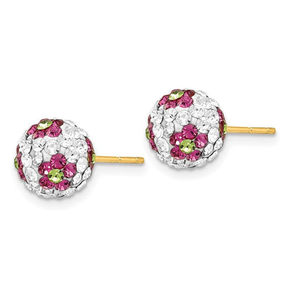 14k Yellow Gold Crystal Pink Flowers 8mm Earrings