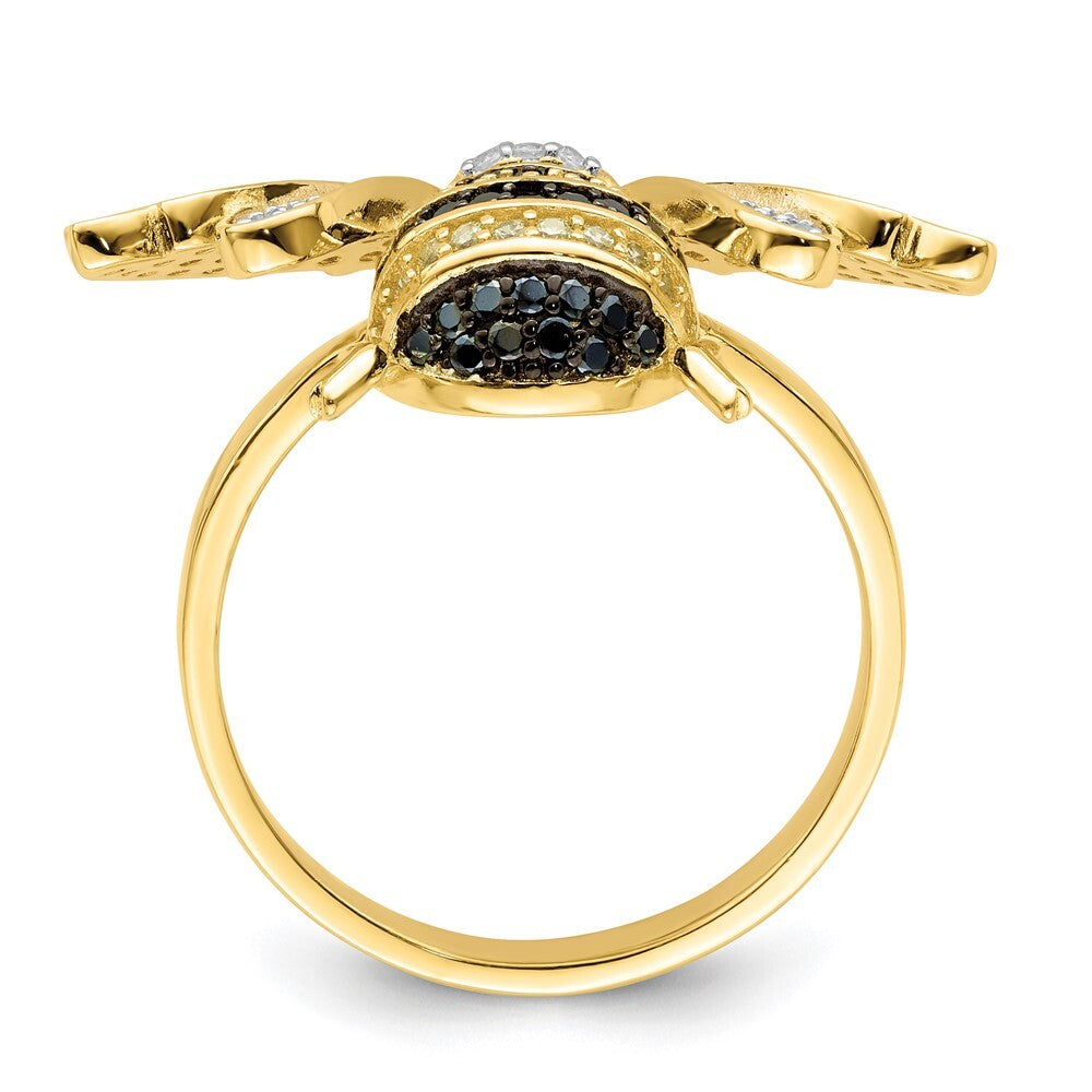 Sterling Silver Blk/White RH-plated Gold Tone CZ Bumblebee Ring Size 6