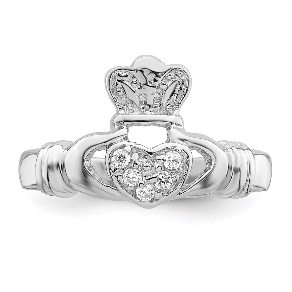 Sterling Silver Rhodium-plated Cubic Zirconia Claddagh Ring Size 8