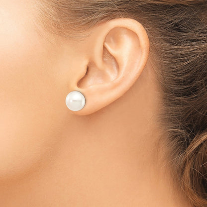 14k Yellow Gold 11-12mm White Button Freshwater Cultured Pearl Stud Earrings