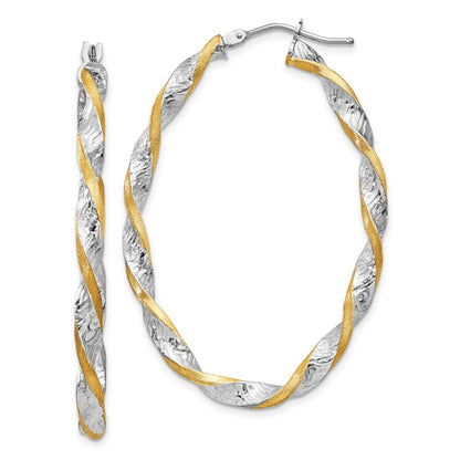 14k White Gold & Yellow Rhodium Twisted Diamond-Cut Oval Hoop Earrings