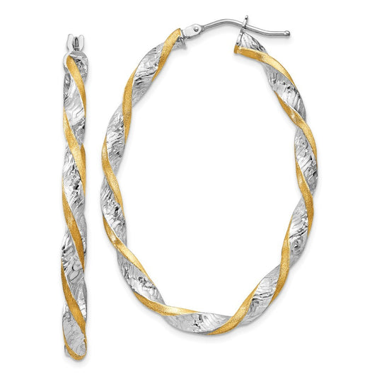14k White Gold & Yellow Rhodium Twisted Diamond-Cut Oval Hoop Earrings