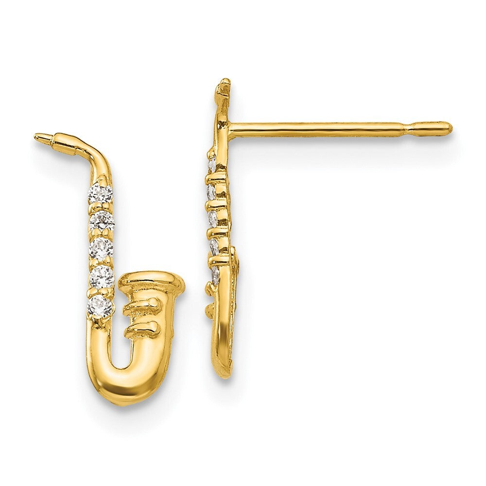 14k Yellow Gold Cubic Zirconia Saxophone Stud Earrings Gift for Women