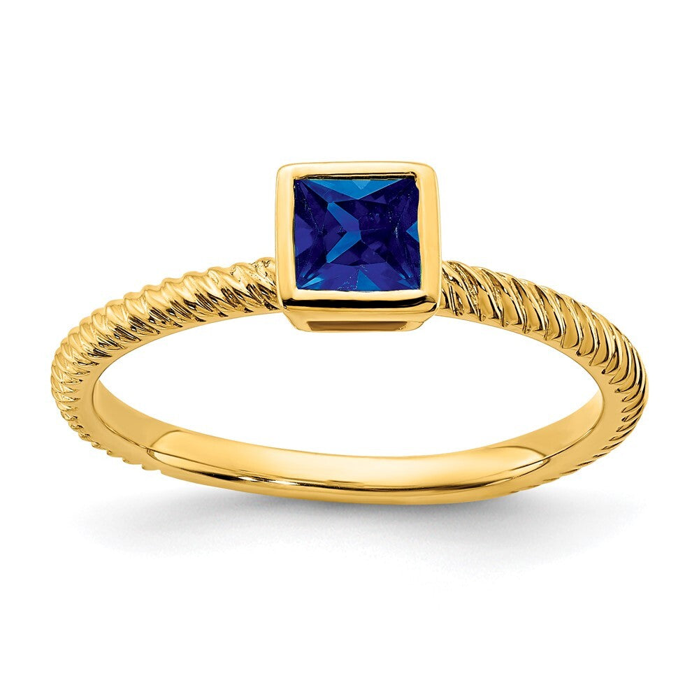 14K Yellow Gold Square Bezel Sapphire Ring Size 7