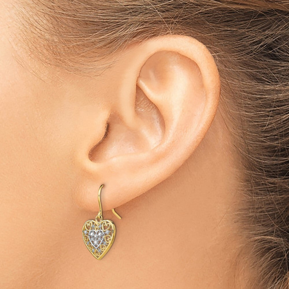 14k Yellow Gold Rhodium Polished Filigree Hearts Shepherd Hook Stud Earrings