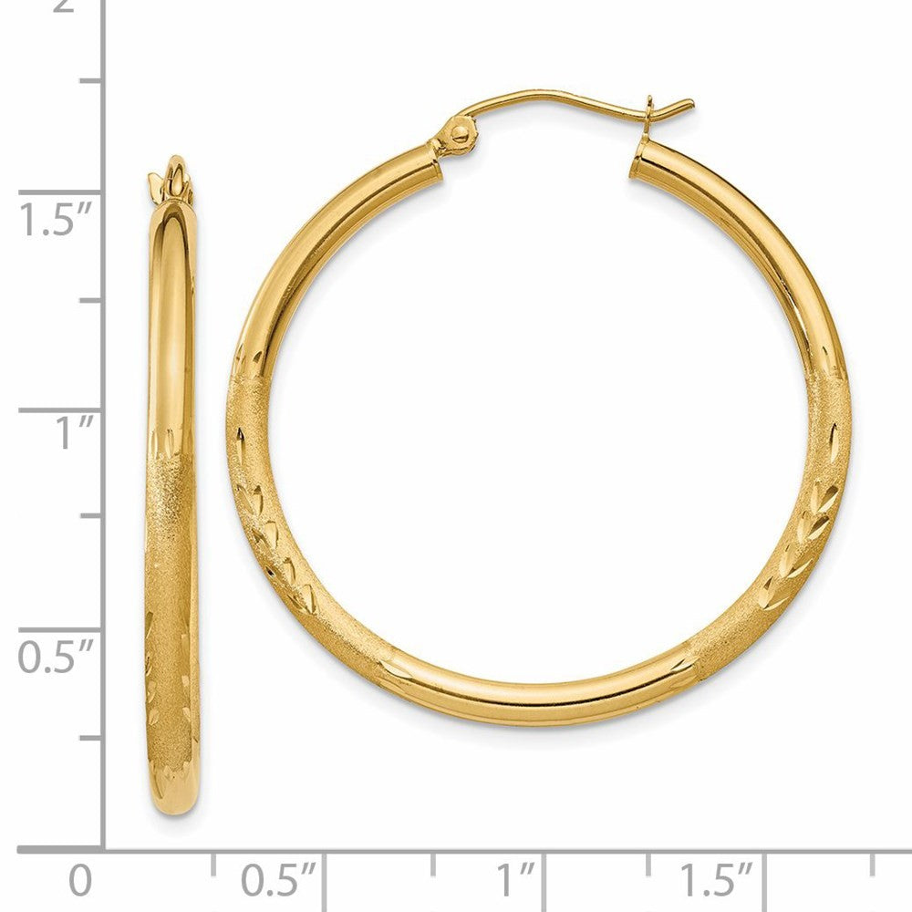 14k Yellow Gold Satin & Diamond-cut 2.5mm Round Hoop Earrings
