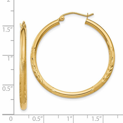 14k Yellow Gold Satin & Diamond-cut 2.5mm Round Hoop Earrings