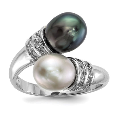 Sterling Silver 7-8mm Black and Grey Rice Freshwater Cultured Pearl and CZ Ring