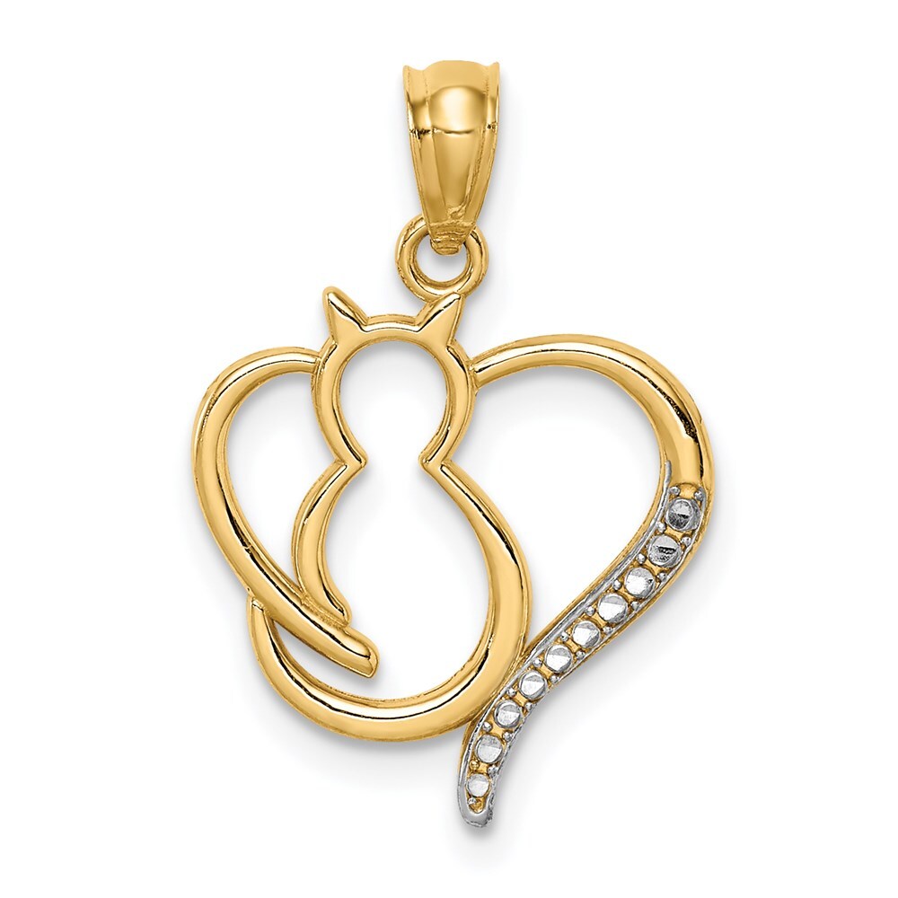 14k Yellow Gold White Rhodium Sitting Cat in a Heart Pendant for Women