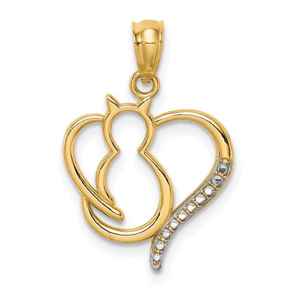 14k Yellow Gold White Rhodium Sitting Cat in a Heart Pendant for Women