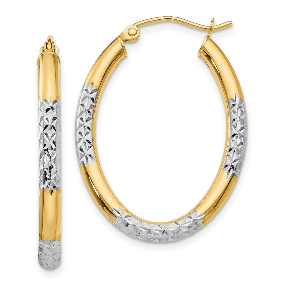 14k Yellow Gold w/ White Rhodium 3mm Diamond Cut Oval Hollow Hoop Earrings