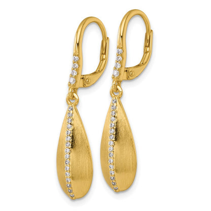 Sterling Silver Gold-tone Polished & Brushed CZ Teardrop Dangle Earrings