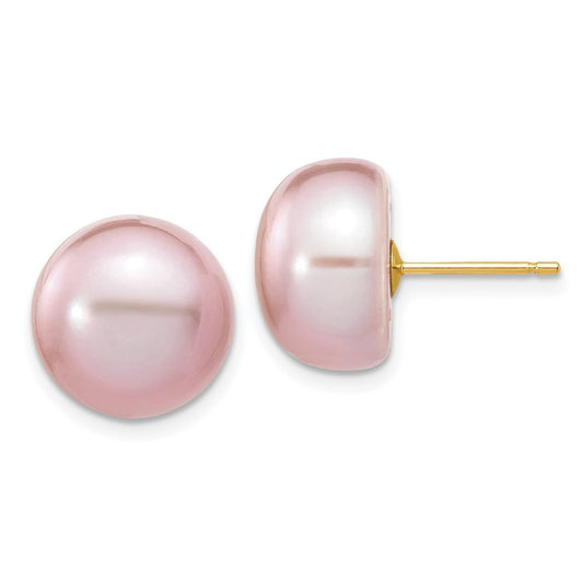 14k Yellow Gold 11-12mm Purple Button Cultured Pearl Stud Post Earrings