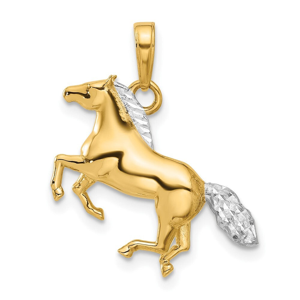 14k Yellow Gold and White Rhodium Diamond-Cut 3D Horse Pendant for Women