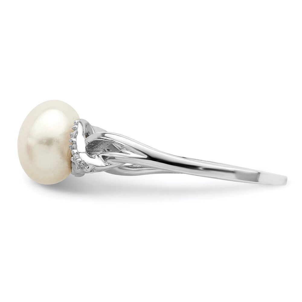 Sterling Silver 8-9mm White Button Freshwater Cultured Pearl and CZ Ring