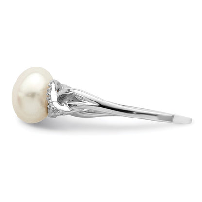 Sterling Silver 8-9mm White Button Freshwater Cultured Pearl and CZ Ring