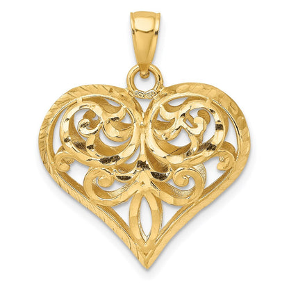 14k Yellow Gold 3-D Diamond-cut Filigree Puffed Heart Charm