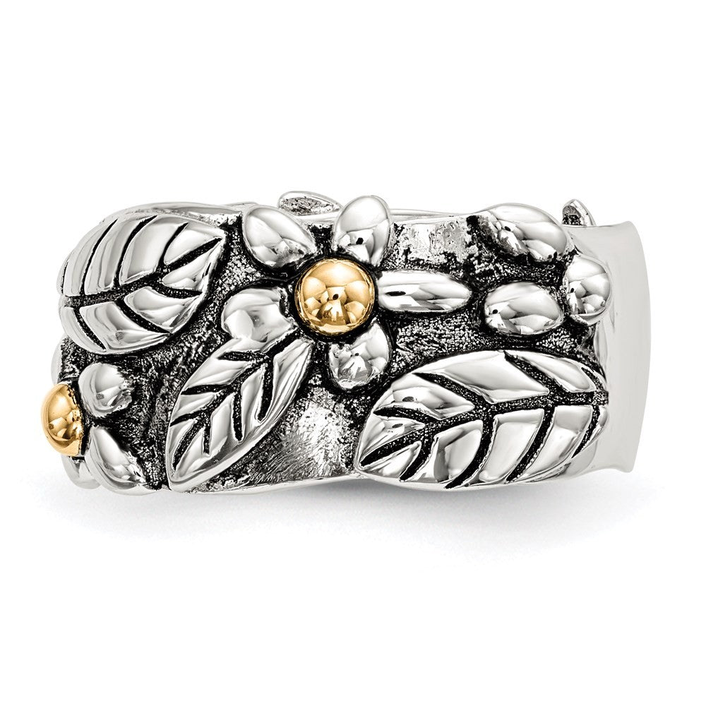 Sterling Silver 14k Antiqued Leaves & Flowers Band Ring Sz 8