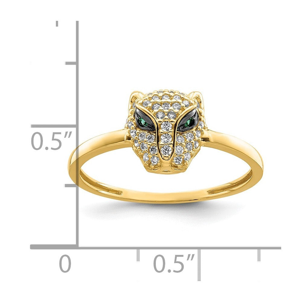 14K Yellow Gold Polished Green & White CZ Lioness Head Ring Size 7