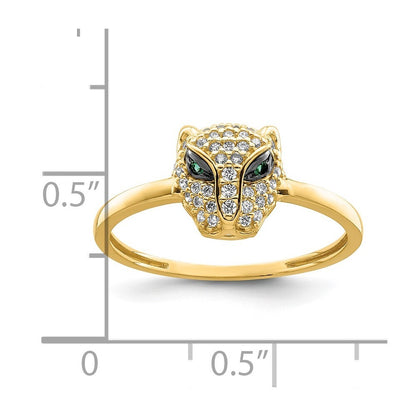 14K Yellow Gold Polished Green & White CZ Lioness Head Ring Size 7