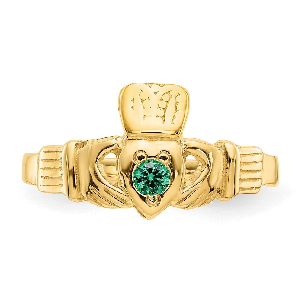 14K Yellow Gold Green CZ Claddagh Ring