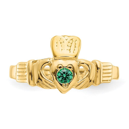 14K Yellow Gold Green CZ Claddagh Ring