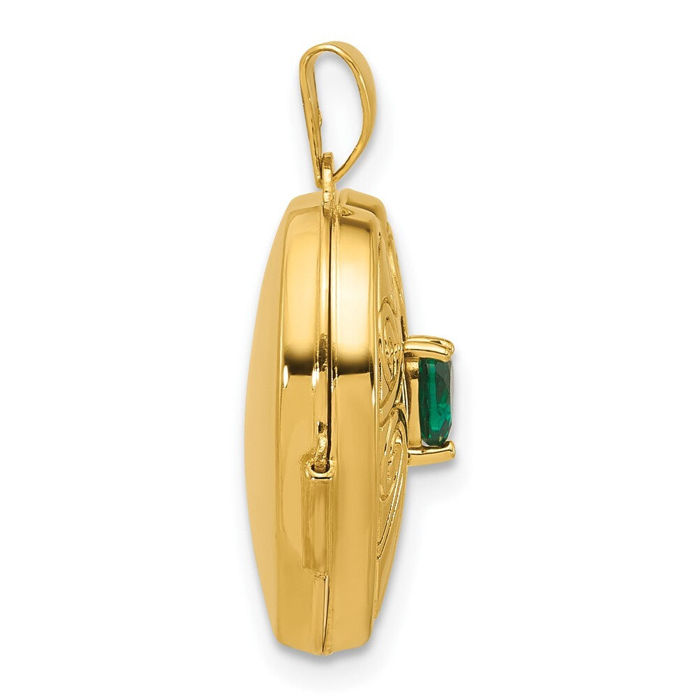 14k Yellow Gold Polished Lab Created Emerald 18mm Heart Locket Pendant