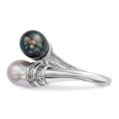 Sterling Silver 7-8mm Black and Grey Rice Freshwater Cultured Pearl and CZ Ring