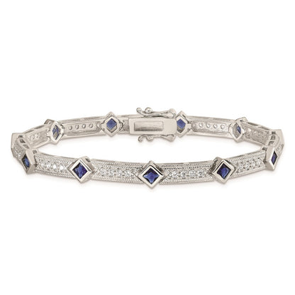 Sterling Silver Rhodium-plated Blue Glass and CZ 7.25 inch Bracelet