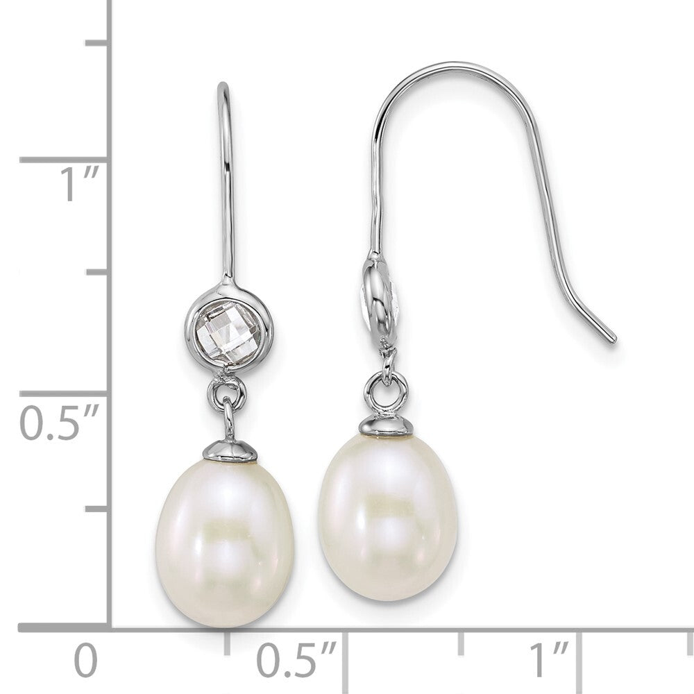 Sterling Silver White Rice Cultured Pearl & Glass Shepherd Hook Dangle Earrings