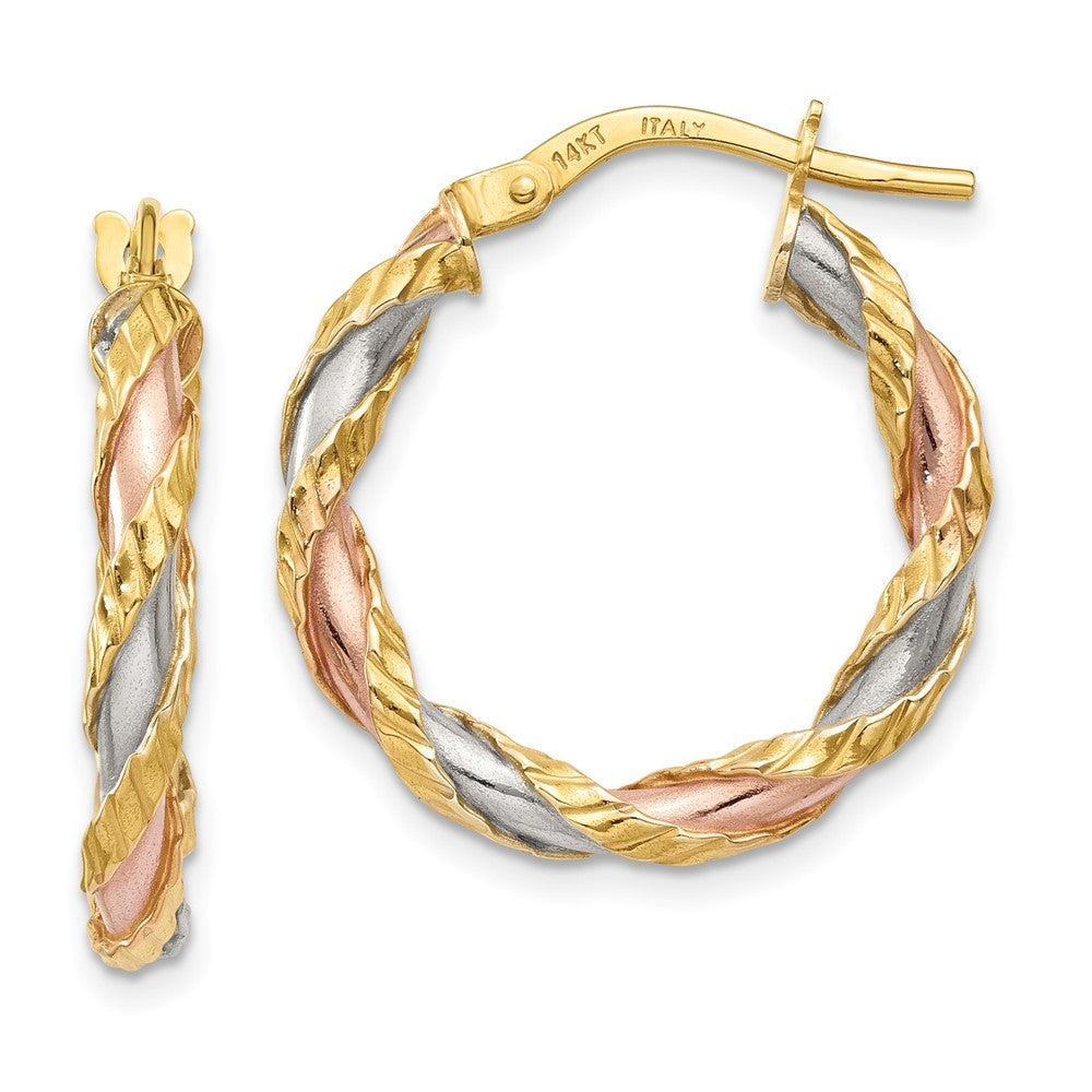 14k Yellow Gold with White & Rose Rhodium Textured Twisted Hoop Earrings
