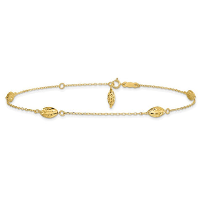 14k Yellow Gold Diamond-cut Rice Puff Beads 4-Station 10" Anklet