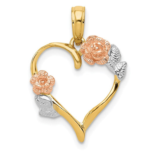 14k Two-tone Gold and White Rhodium Polished Flower Heart Pendant