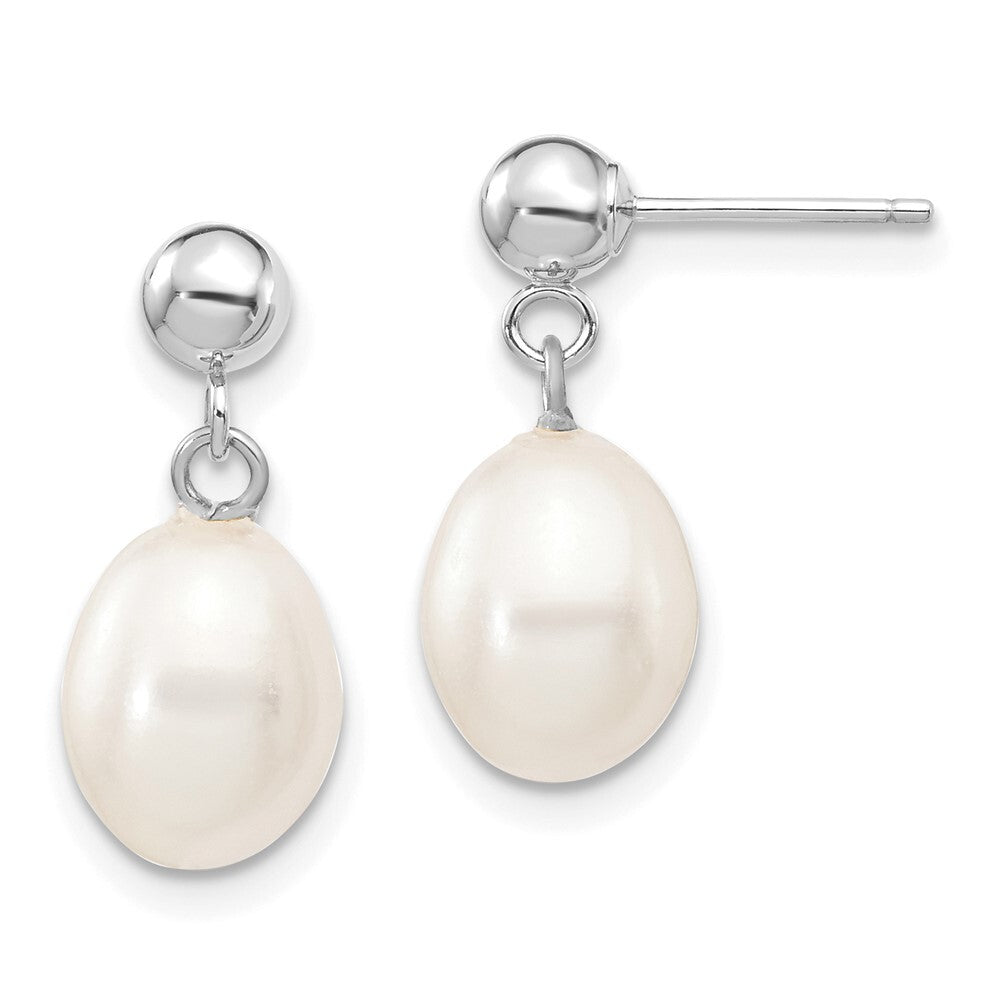 14k White Gold 7-8mm White Rice Freshwater Cultured Pearl Dangle Earrings