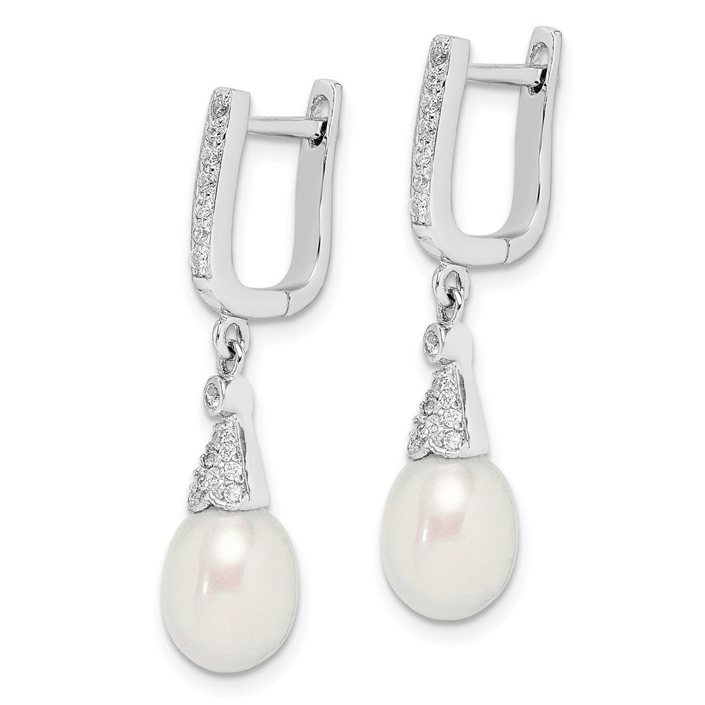 Sterling Silver 7-8mm Rice Freshwater Cultured Pearl & CZ Dangle Earrings