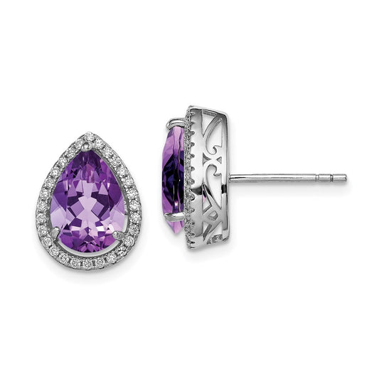 Sterling Silver Rhodium Polished Amethyst & CZ Earrings