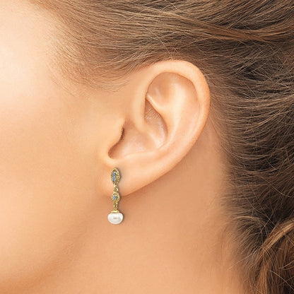 14k Yellow Gold w/Rhodium 6-7mm Semi-round FWC Pearl .02ct Diamond Earrings