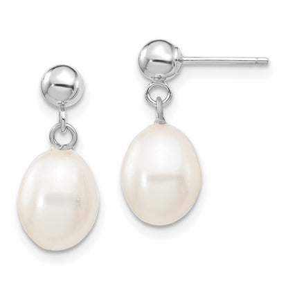 14k White Gold 7-8mm White Rice Freshwater Cultured Pearl Dangle Earrings