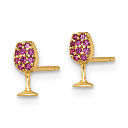 14k Yellow Gold Polished Created Ruby Wine Glass Stud Earrings Gift for Women
