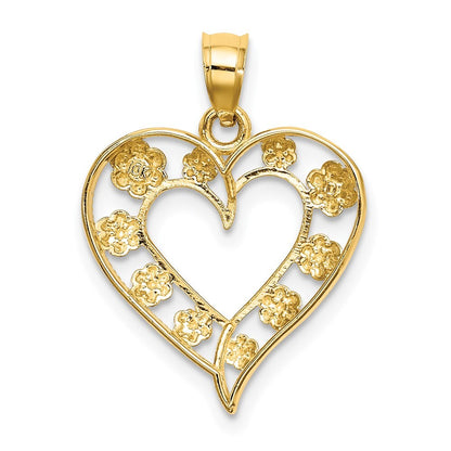 14k Yellow Gold Two-Tone Textured Cut-Out Heart  Flowers Charm Pendant