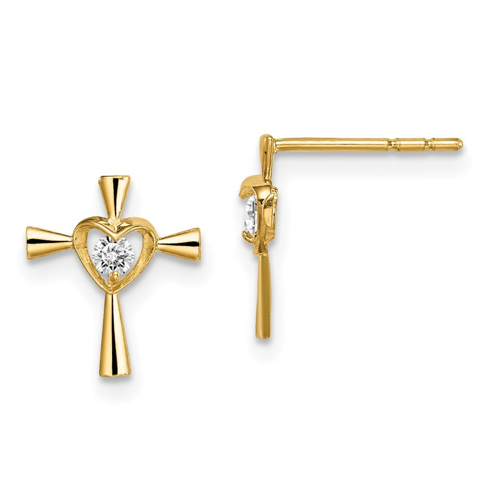 14k Yellow Gold CZ Cross with Heart Earrings
