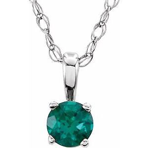 14k White Gold 3 mm Lab-Grown Emerald Youth Solitaire 14" Pendant Necklace