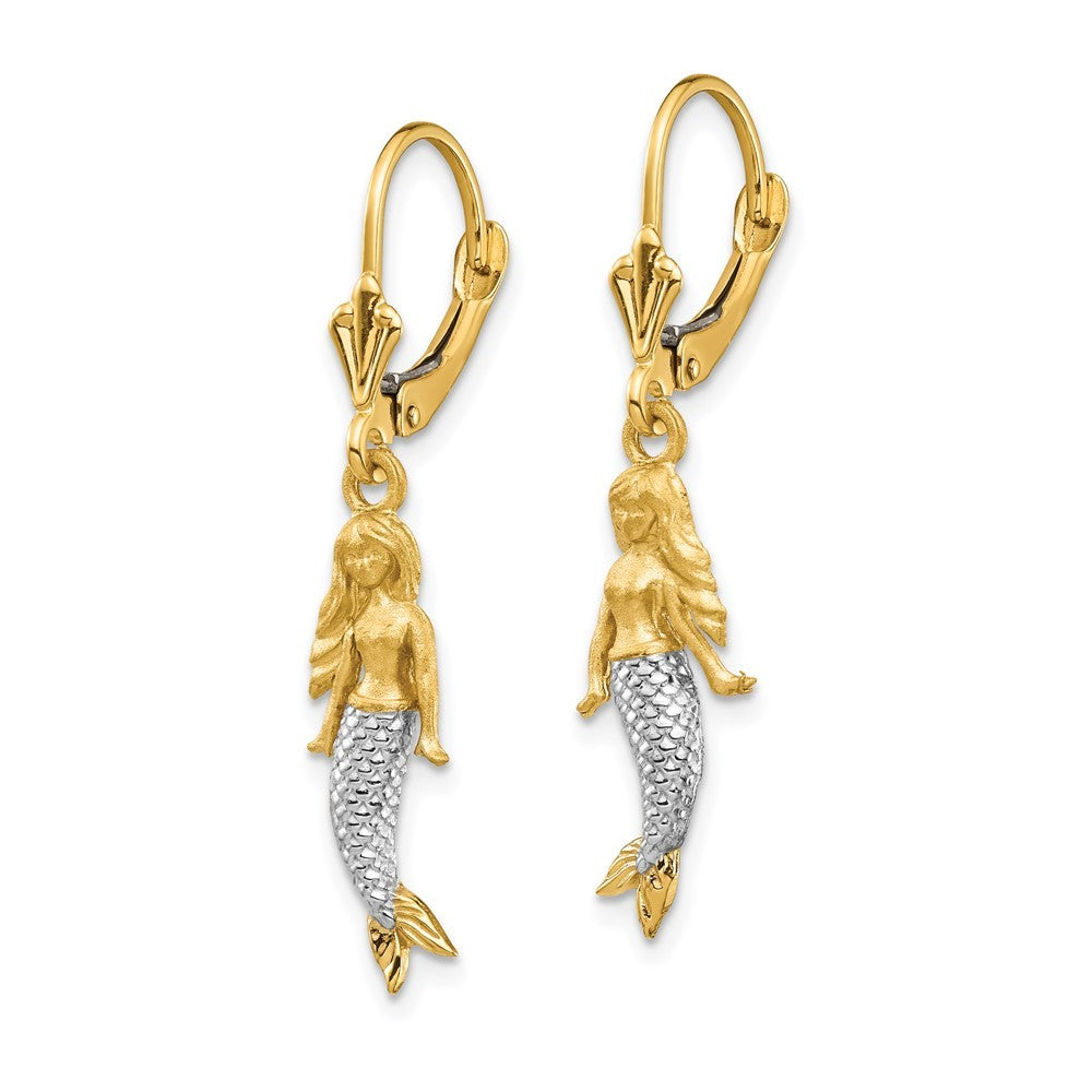 14k Yellow Gold and White Rhodium Brushed & Polished Mermaid Earrings