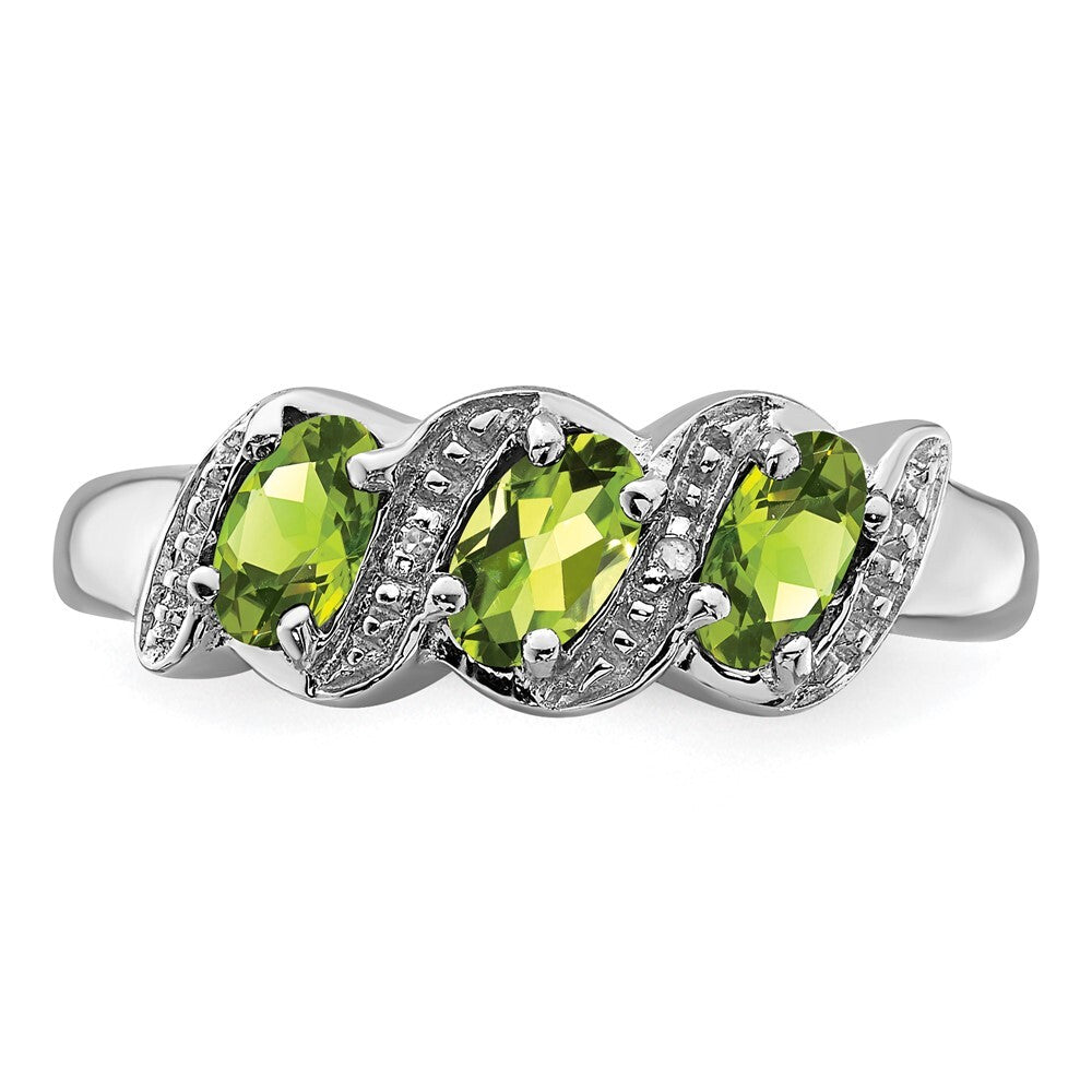 Sterling Silver Rhodium 3 Stone Peridot & Diamond Ring Size 6