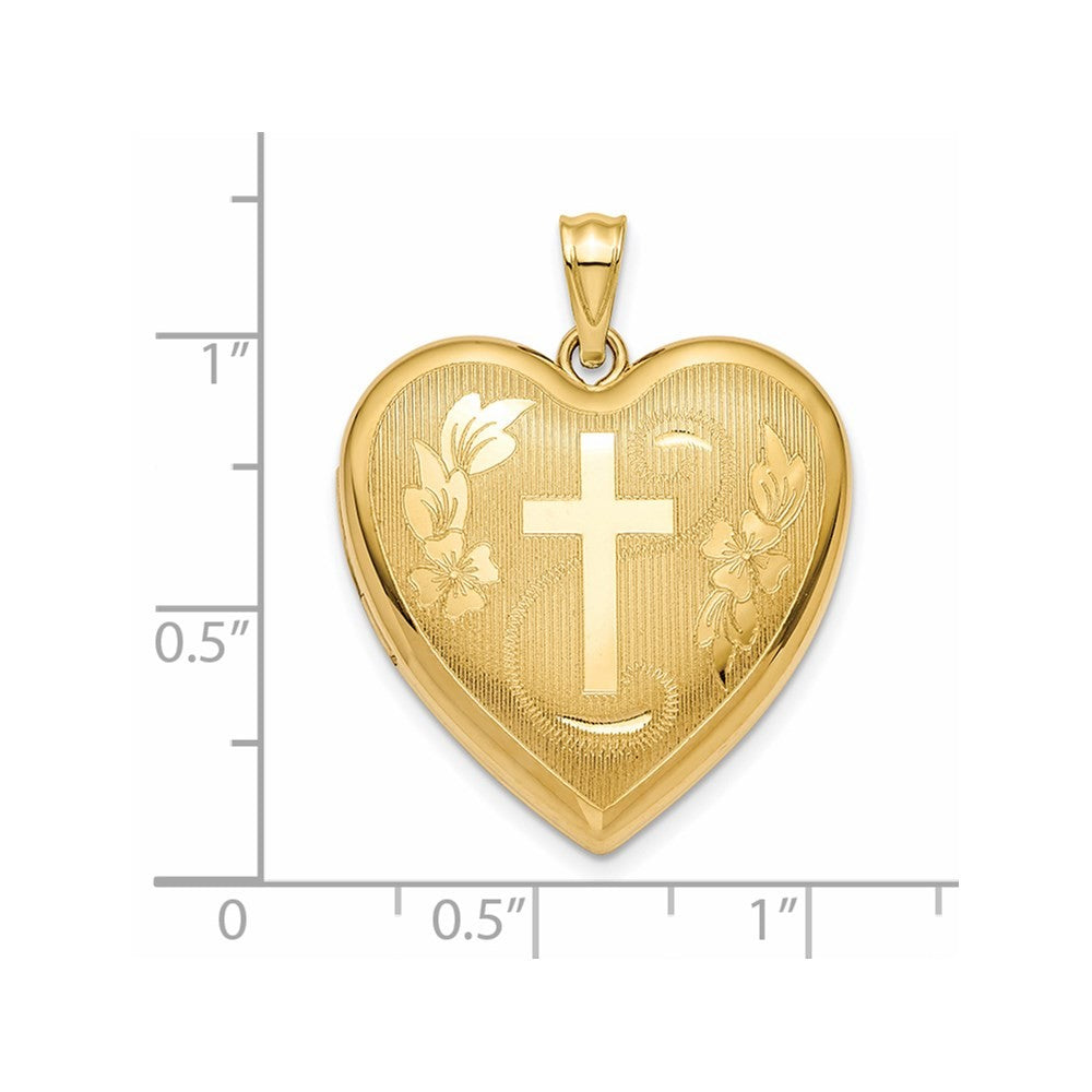 14k Yellow Gold Textured Diamond-cut Floral Cross Ash Holder 24mm Heart Locket