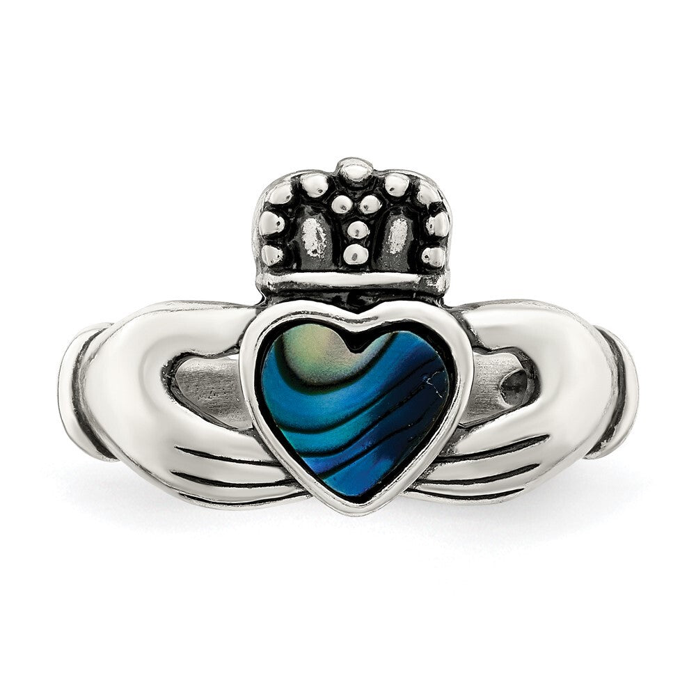 Sterling Silver Antiqued Abalone Inlay and Black Enamel Claddagh Ring Size 8