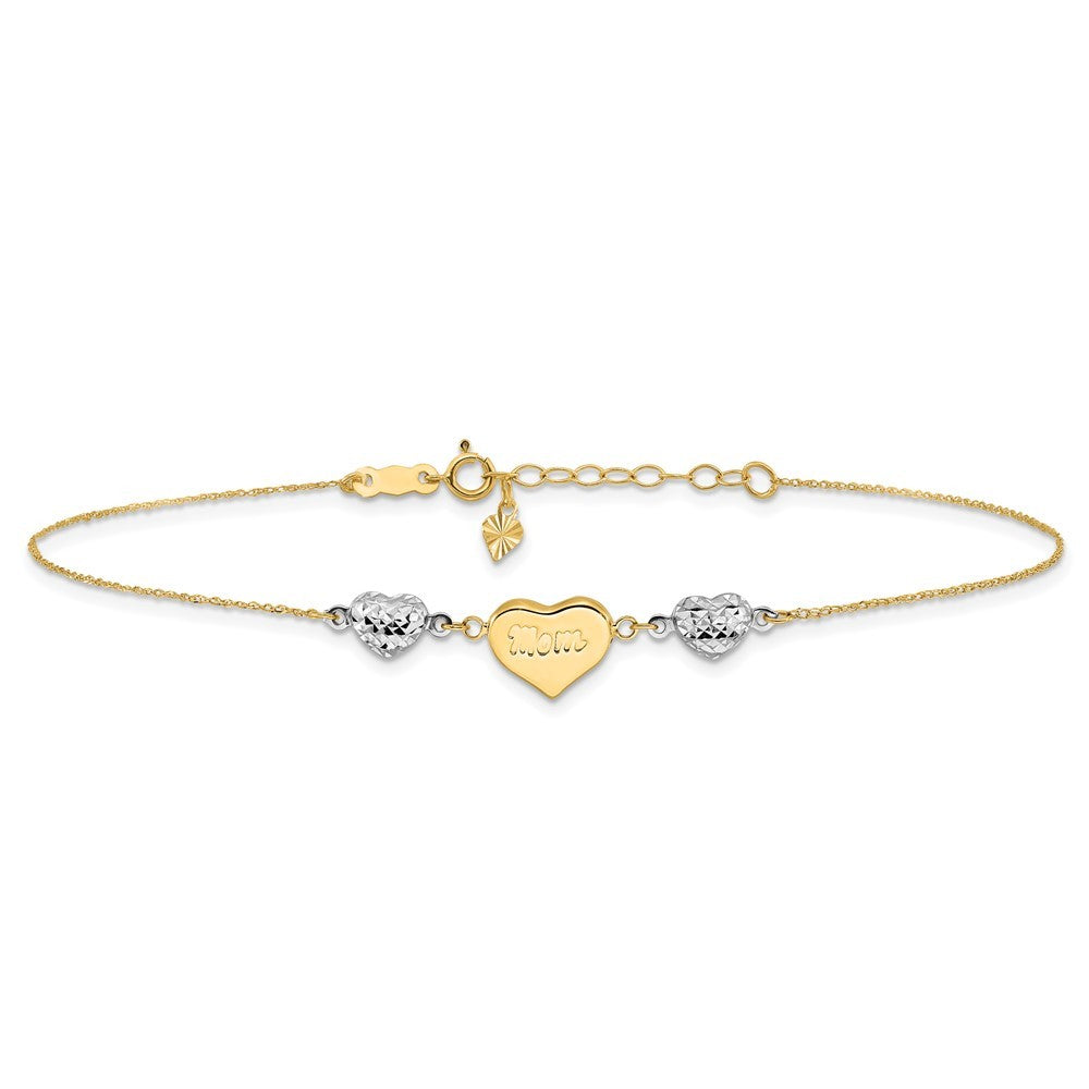 14K Two-tone Diamond-cut and MOM Puffed Heart 11" Anklet