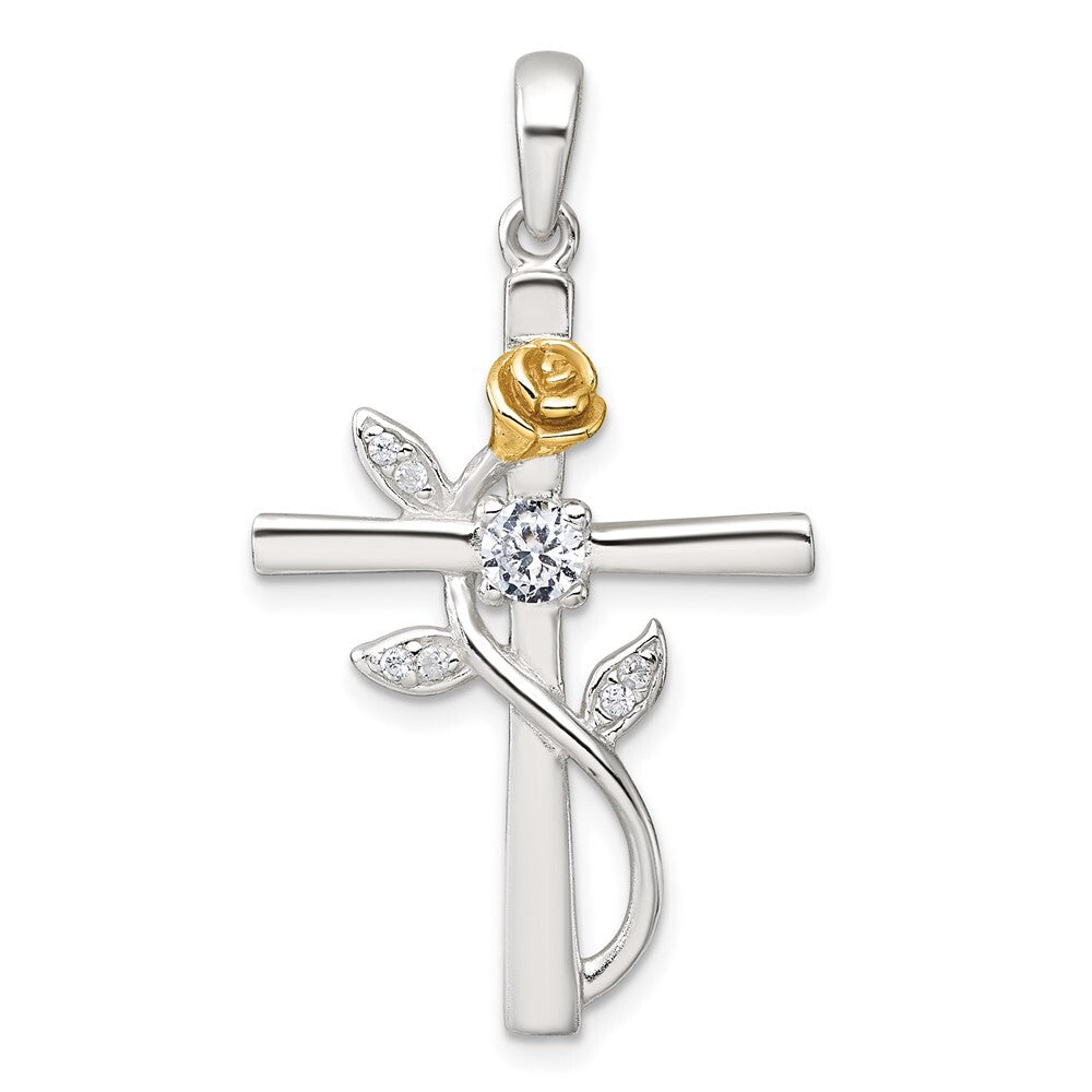 Sterling Silver Gold-tone Cubic Zirconia Cross with Rose Pendant